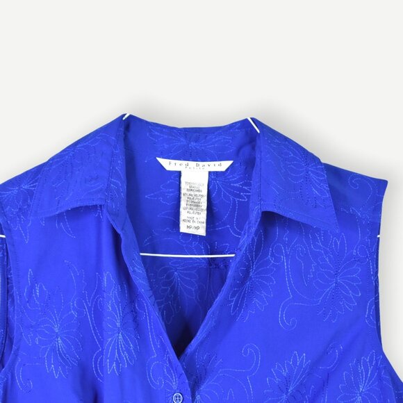 Fred David Top MP Womens Blue Sleeveless Collared Button Front V-Neck - Picture 4 of 10